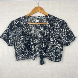 120% Lino Linen Tie Front Floral Botanical Leaf Top Short Sleeve Sz 44 Medium